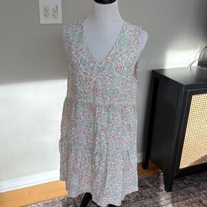 Joie V-Neck linen Mini Dress in Pink and Green, Sz L